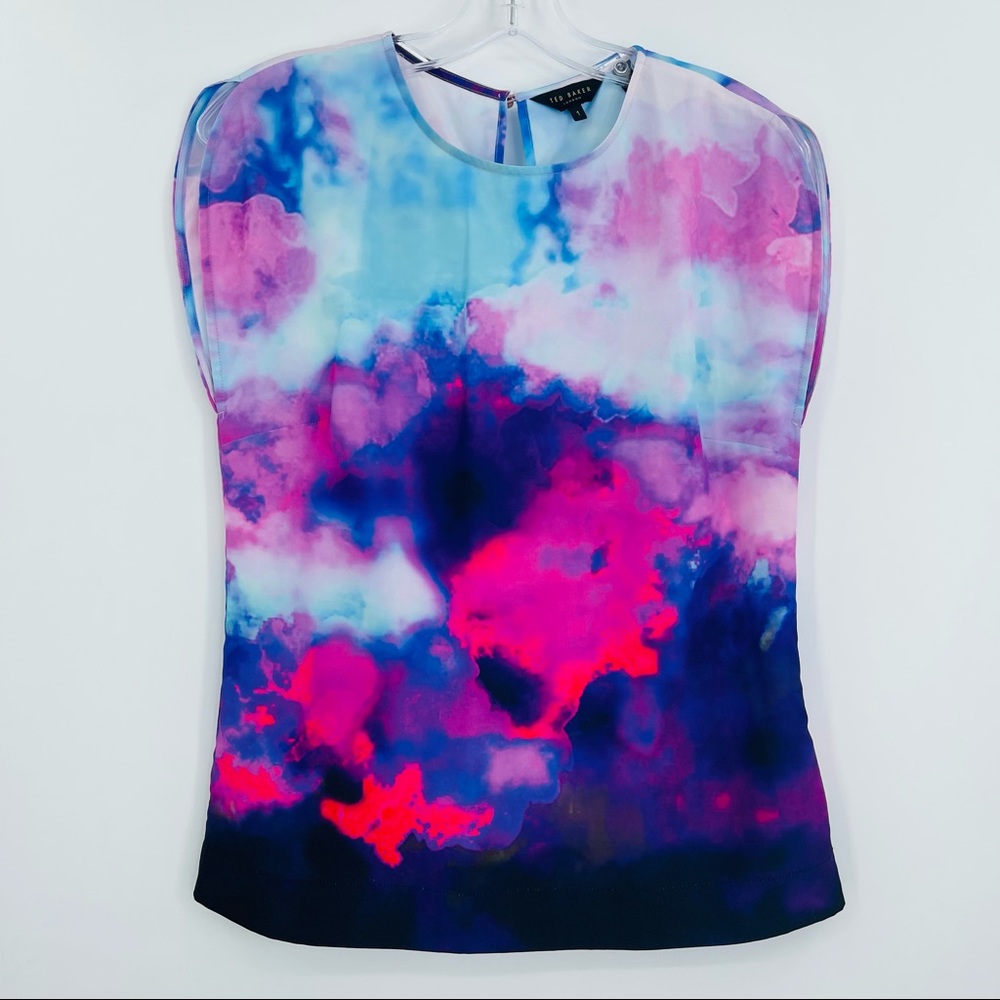 Ted Baker Multicolor Cloud-Print Silk Blend Cap-Sleeve Blouse - Pink, Blue, Navy